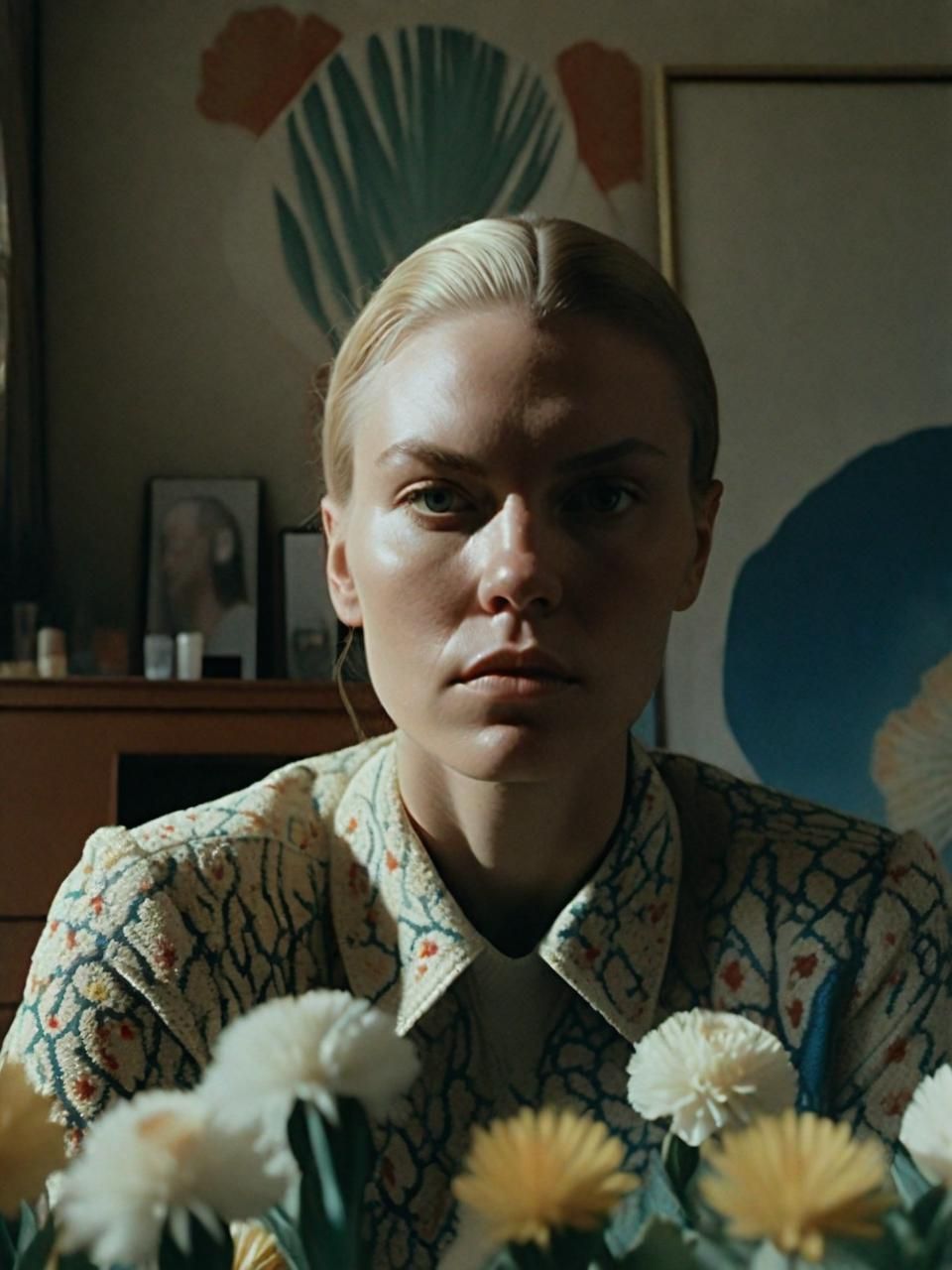 a woman sitting in front of a bunch of flowers