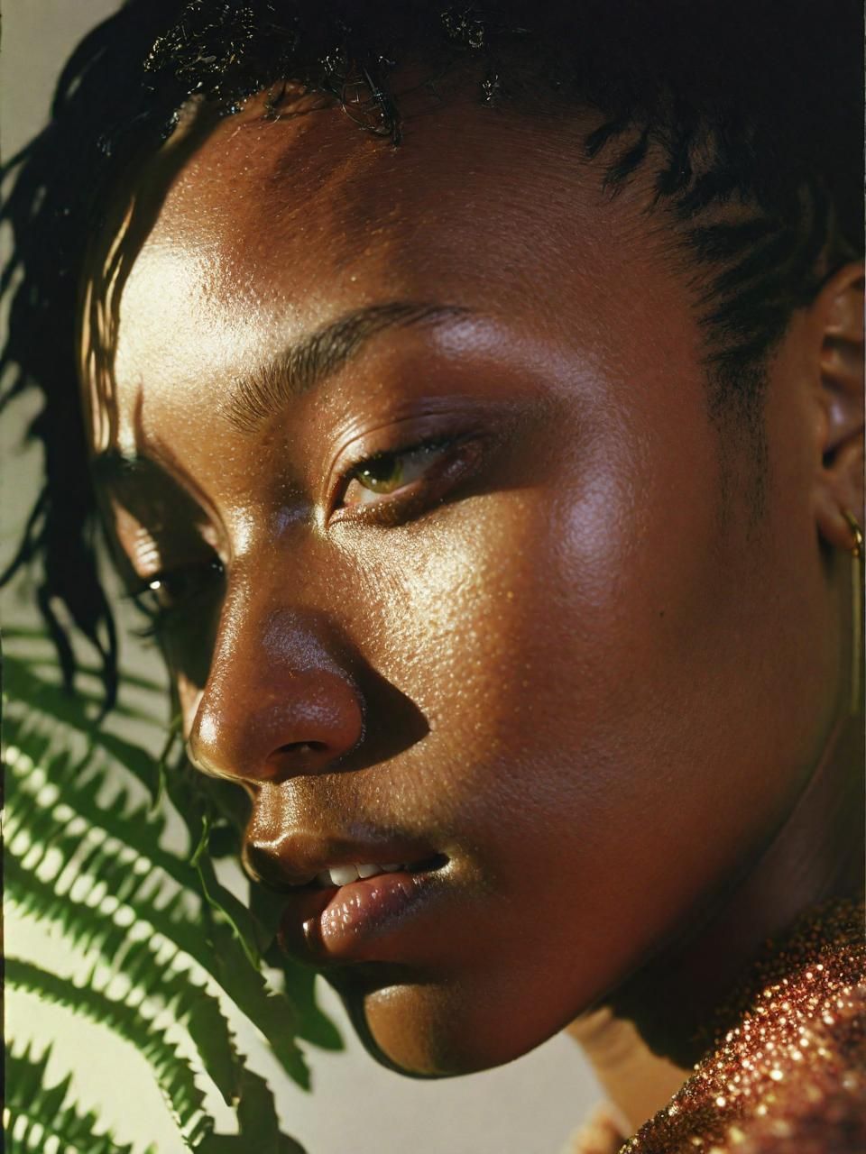 a close up of a person with a plant behind her