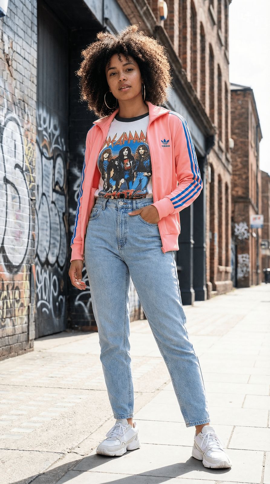 a woman standing on a sidewalk wearing a pink jacket and jeans