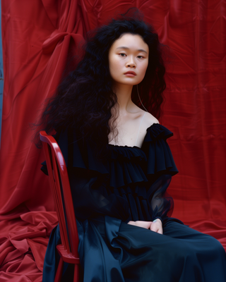 a woman in a black dress sitting on a red chair