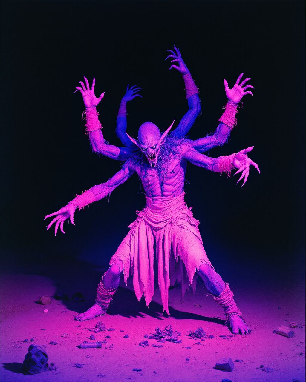 a man dressed as a demon dancing in the dark