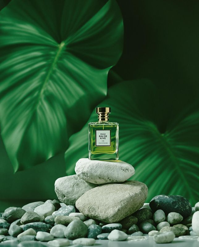a bottle of perfume sitting on top of a pile of rocks