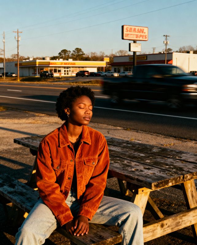 a woman sitting on a wooden bench next to a street