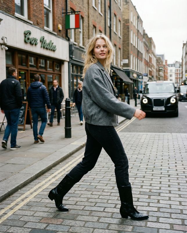 a woman walking down the street in a gray jacket