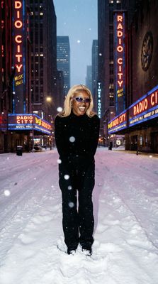 a woman standing in the middle of a snow covered street