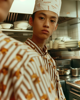 a young man wearing a chef's hat in a kitchen