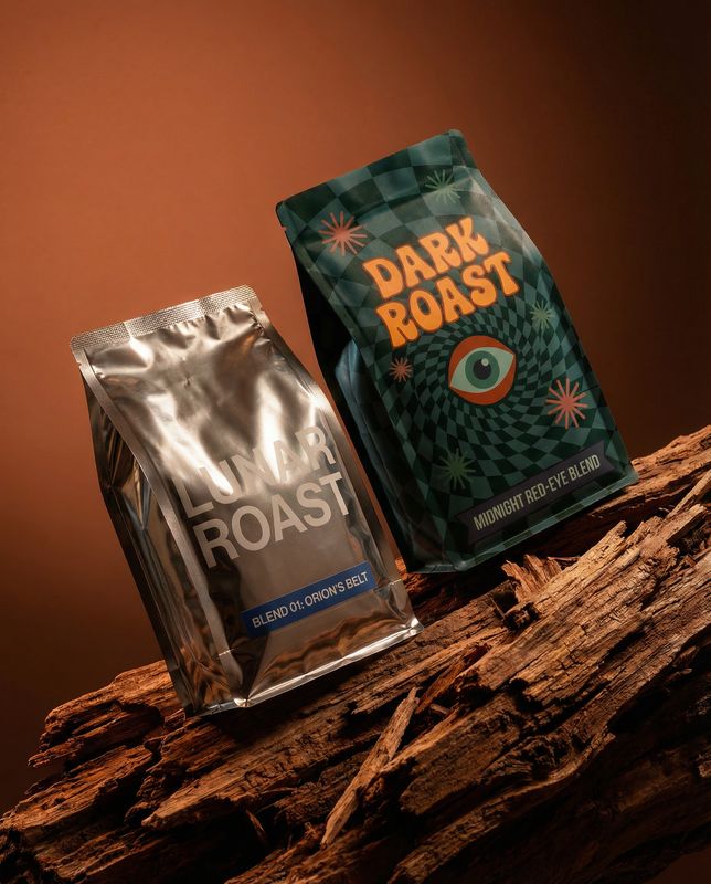 a bag of roast next to a bag of dark roast