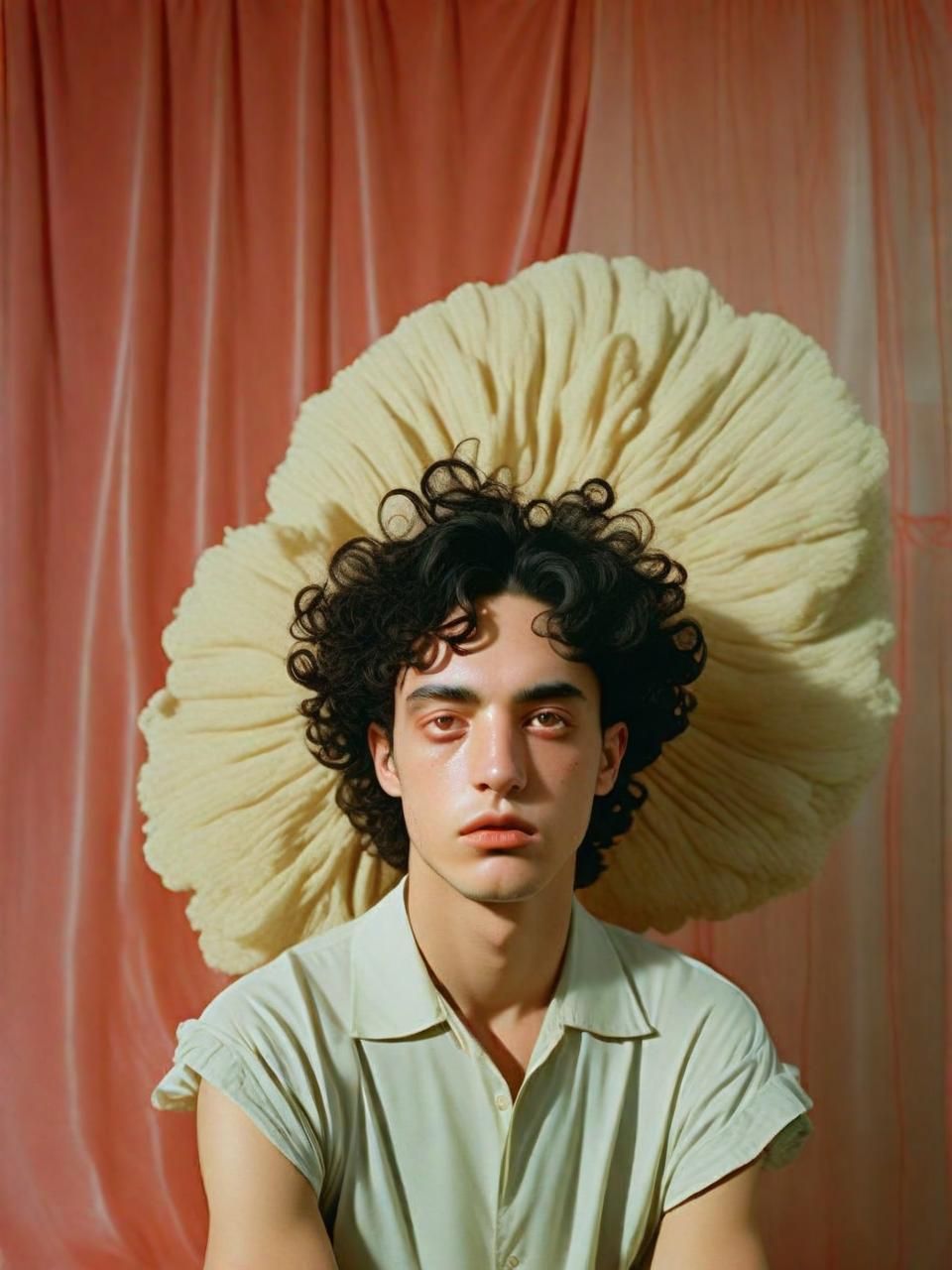 a man with curly hair sitting in front of a curtain