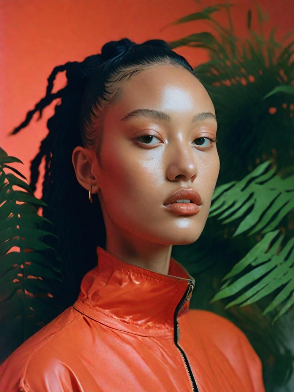 a woman in an orange leather jacket standing in front of a plant