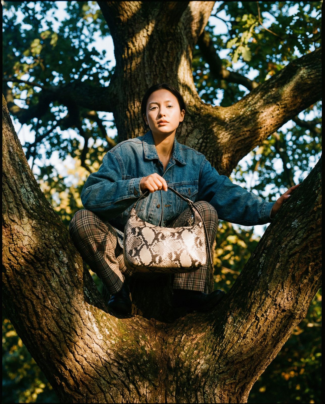 a woman sitting in a tree holding a purse