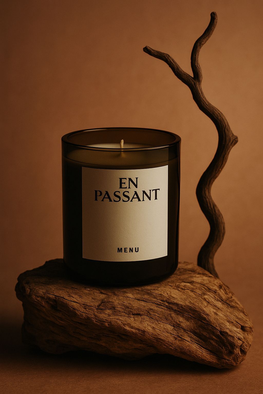 a candle sitting on top of a piece of wood