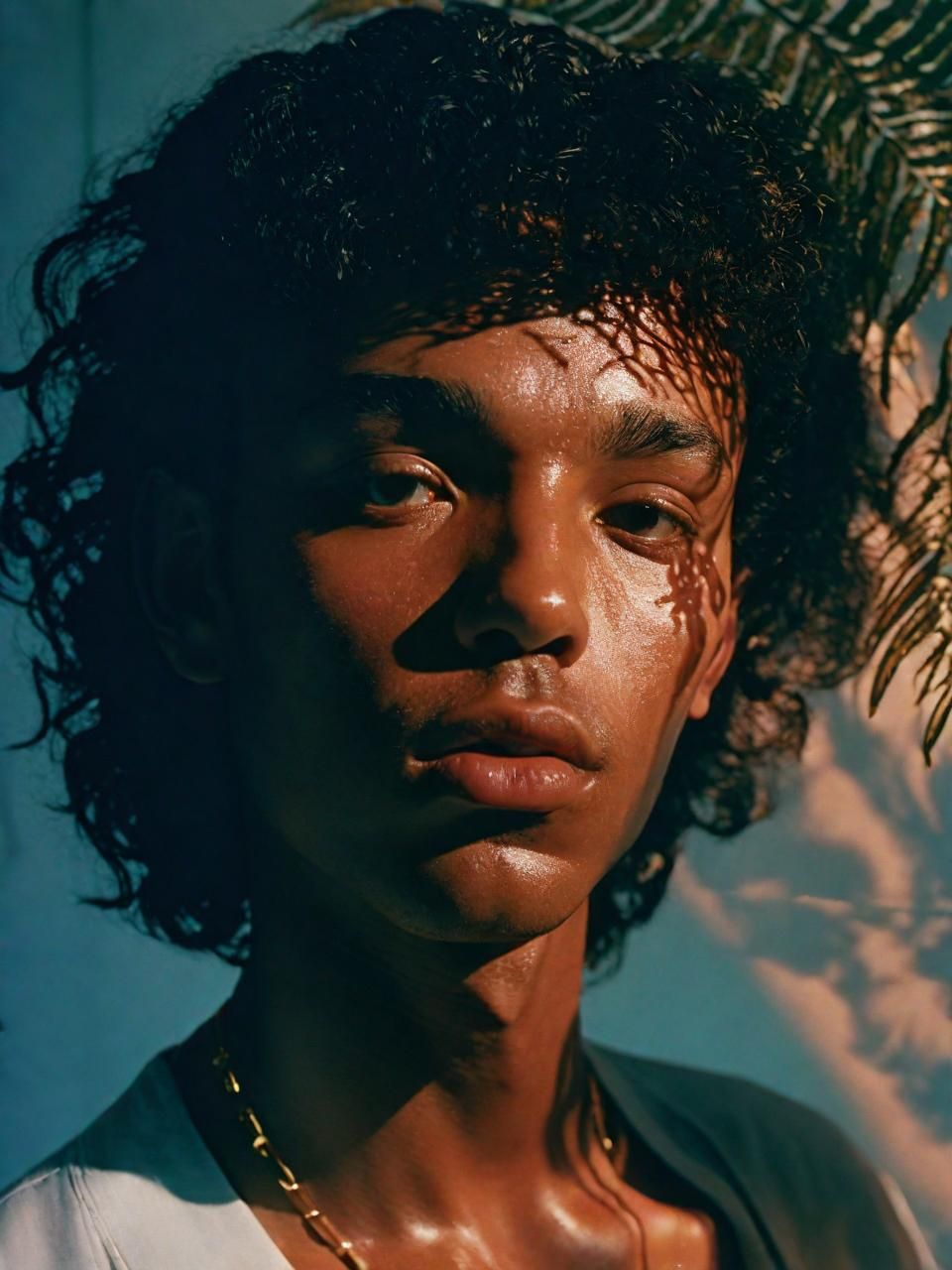 a man with freckles on his face and a palm tree in the background