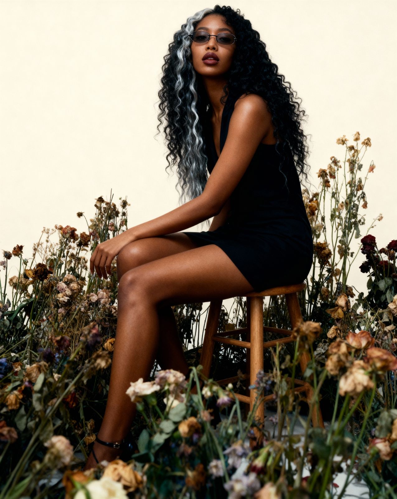 a woman sitting in a chair surrounded by flowers