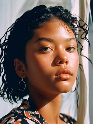 a close up of a person wearing earrings