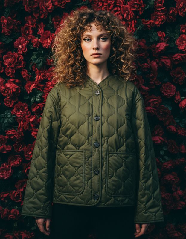 a woman standing in front of a wall of flowers