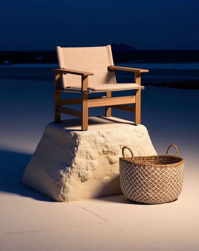a chair sitting on top of a rock next to a basket