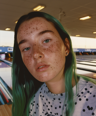 a woman with green hair and freckles on her face