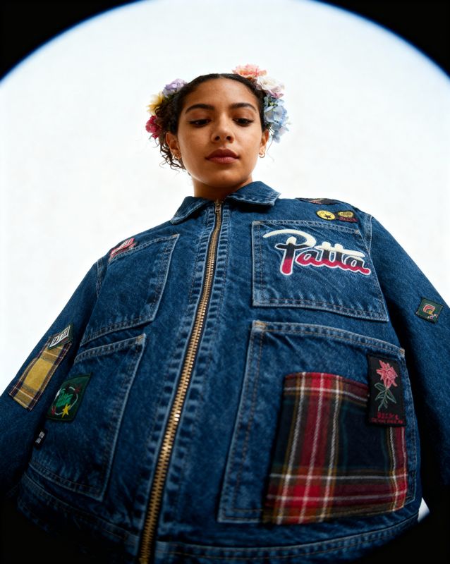 a woman wearing a jean jacket with patches and a flower in her hair