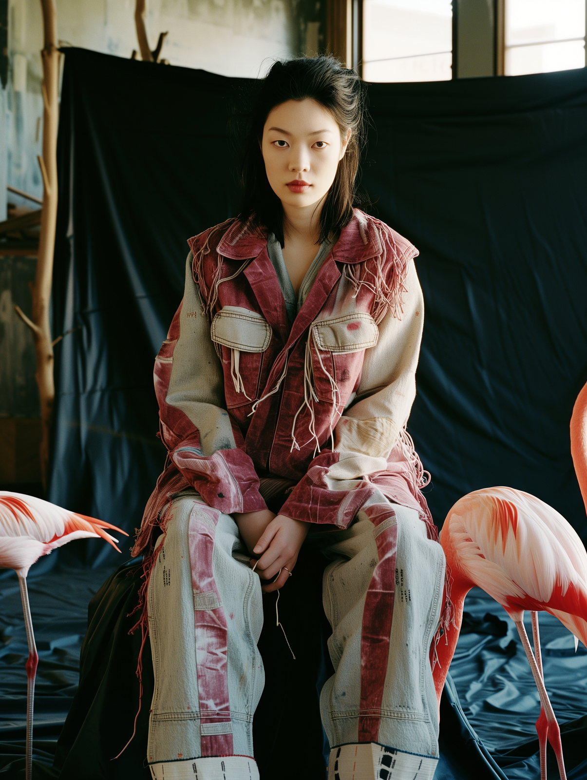 a woman sitting on top of a bed next to flamingos