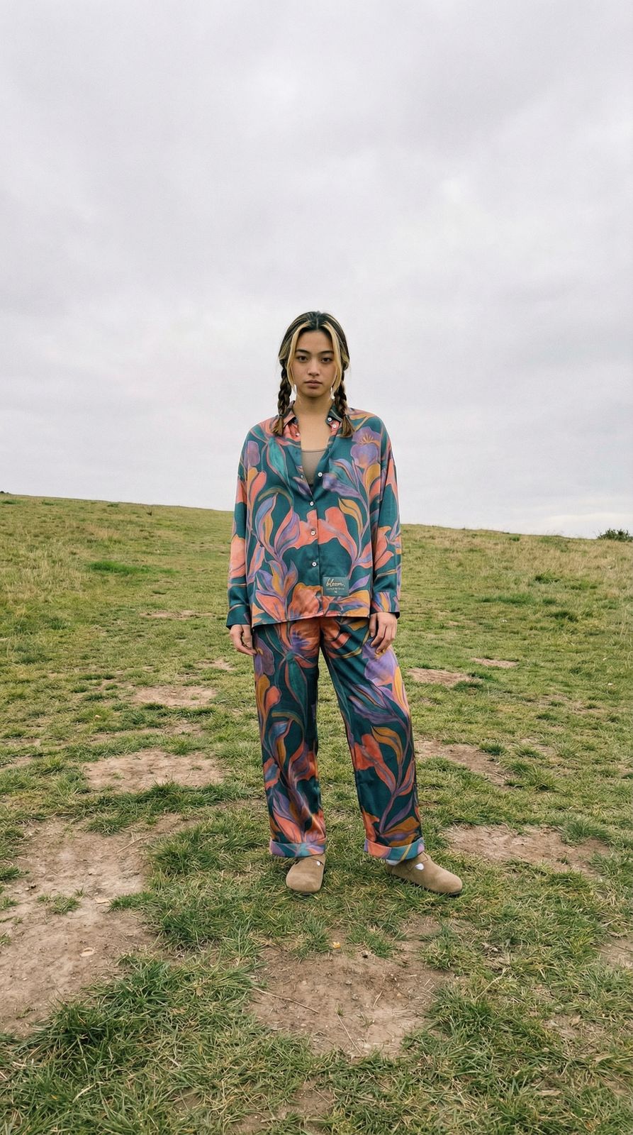 a woman standing on top of a lush green field