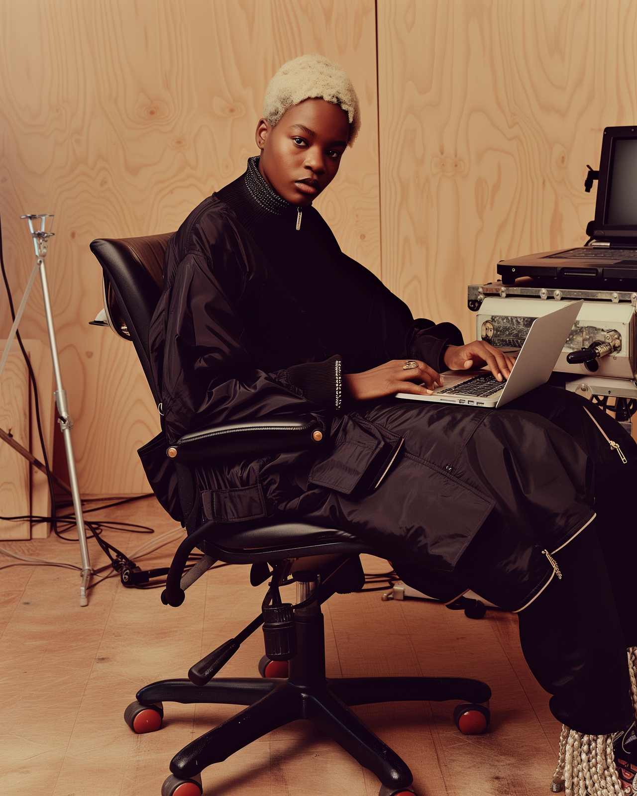 a woman sitting in a chair using a laptop computer