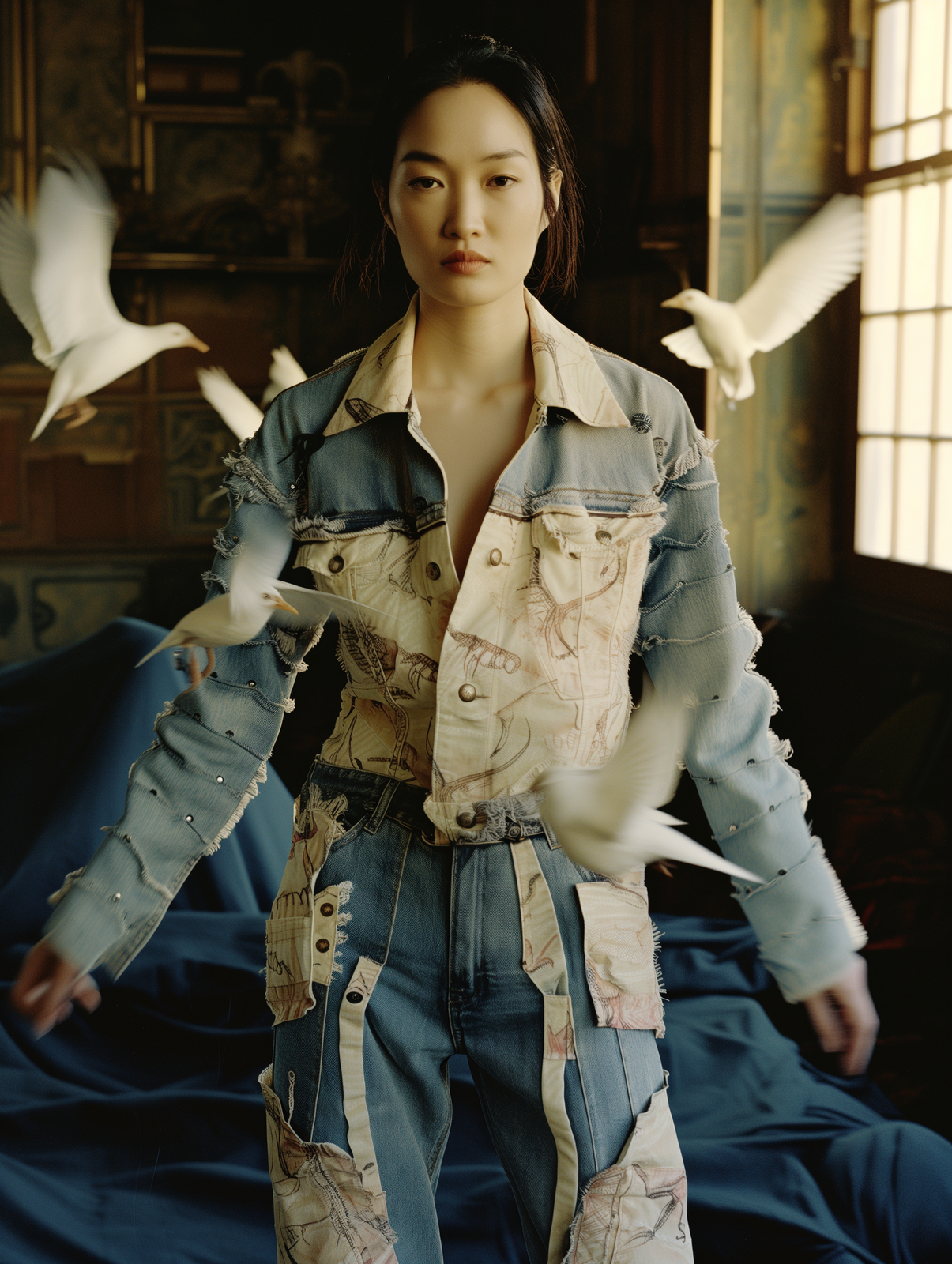 a woman standing on a bed with birds flying around her