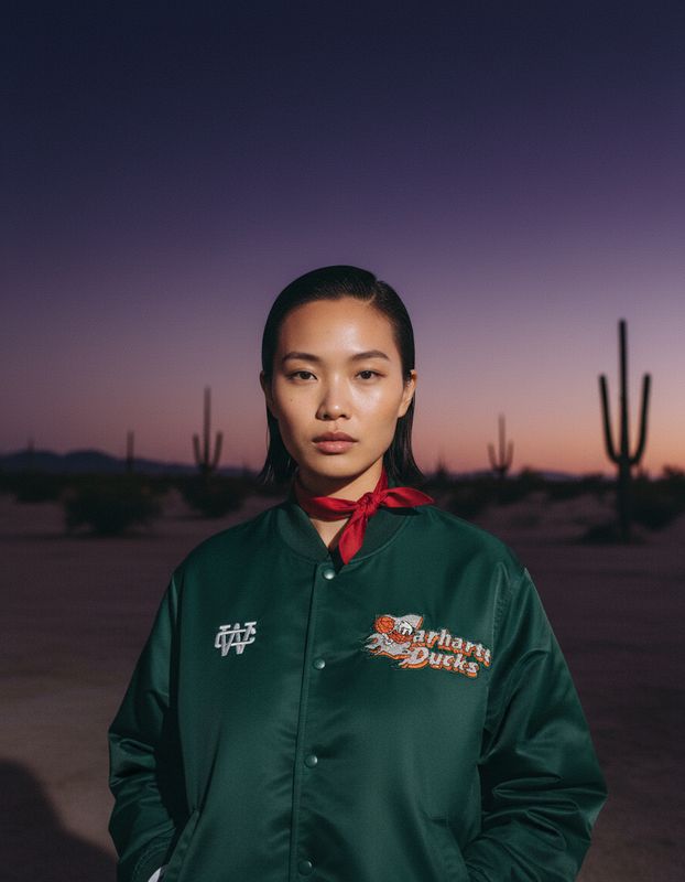 a woman in a green jacket standing in front of a cactus