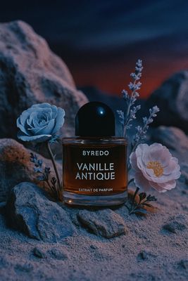 a bottle of vanille antique next to a flower