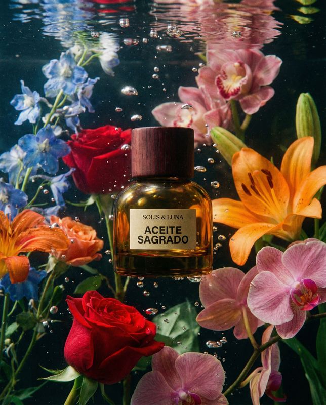 a bottle of aceite sagrado surrounded by flowers