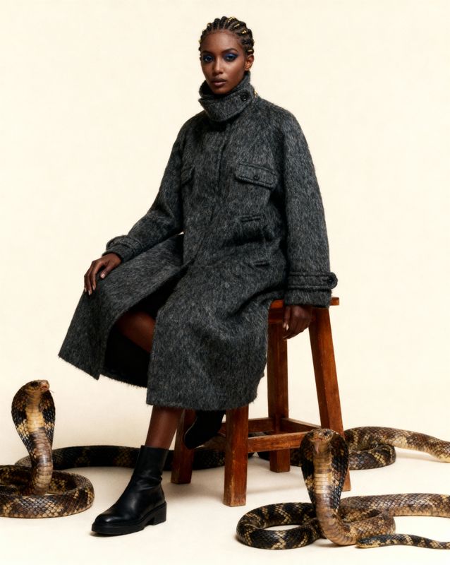 a woman sitting on a chair next to a snake