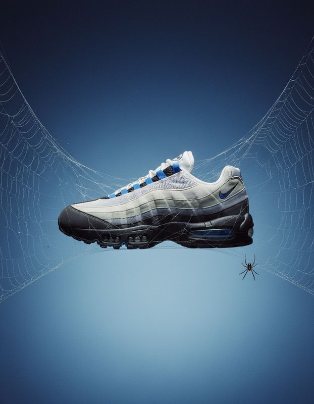 a pair of shoes hanging from a spider web