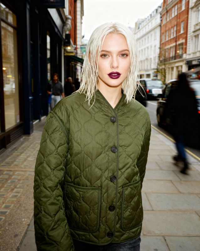 a woman with white hair and a green jacket