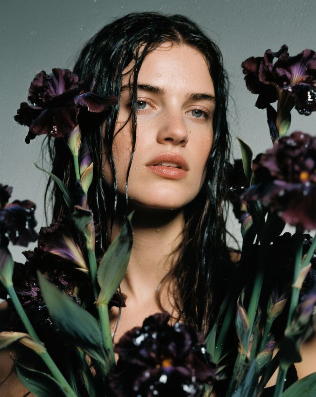 a woman with wet hair and flowers in her hands