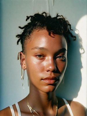 a woman with a necklace and earrings on her neck