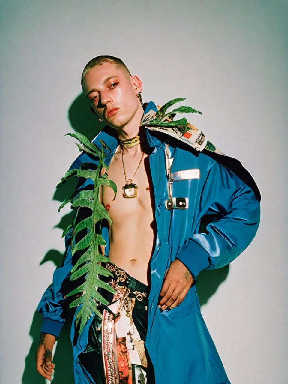 a man in a blue jacket holding a plant