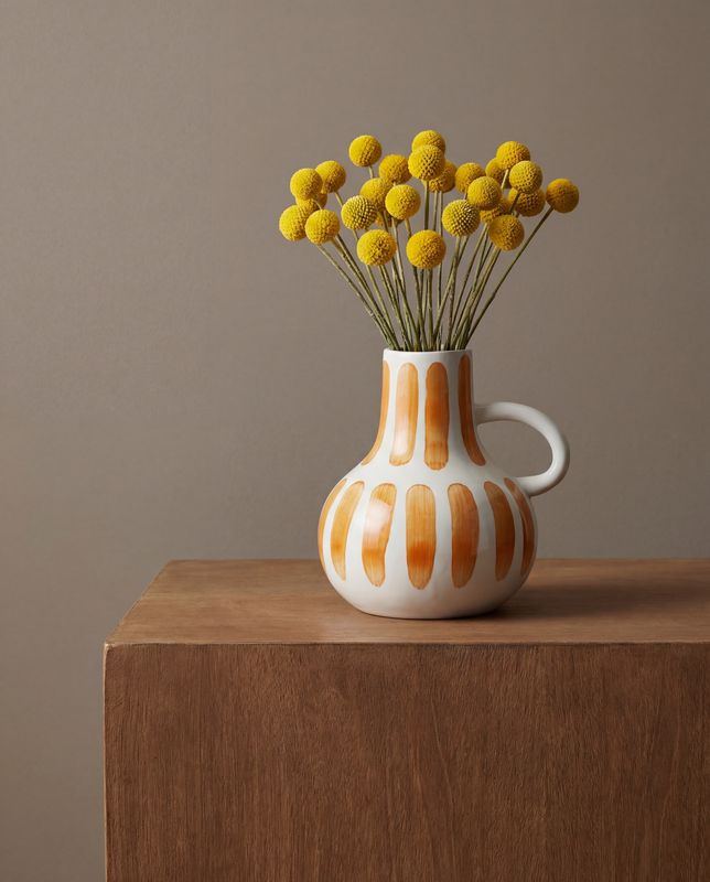 a white and orange striped vase with yellow flowers in it