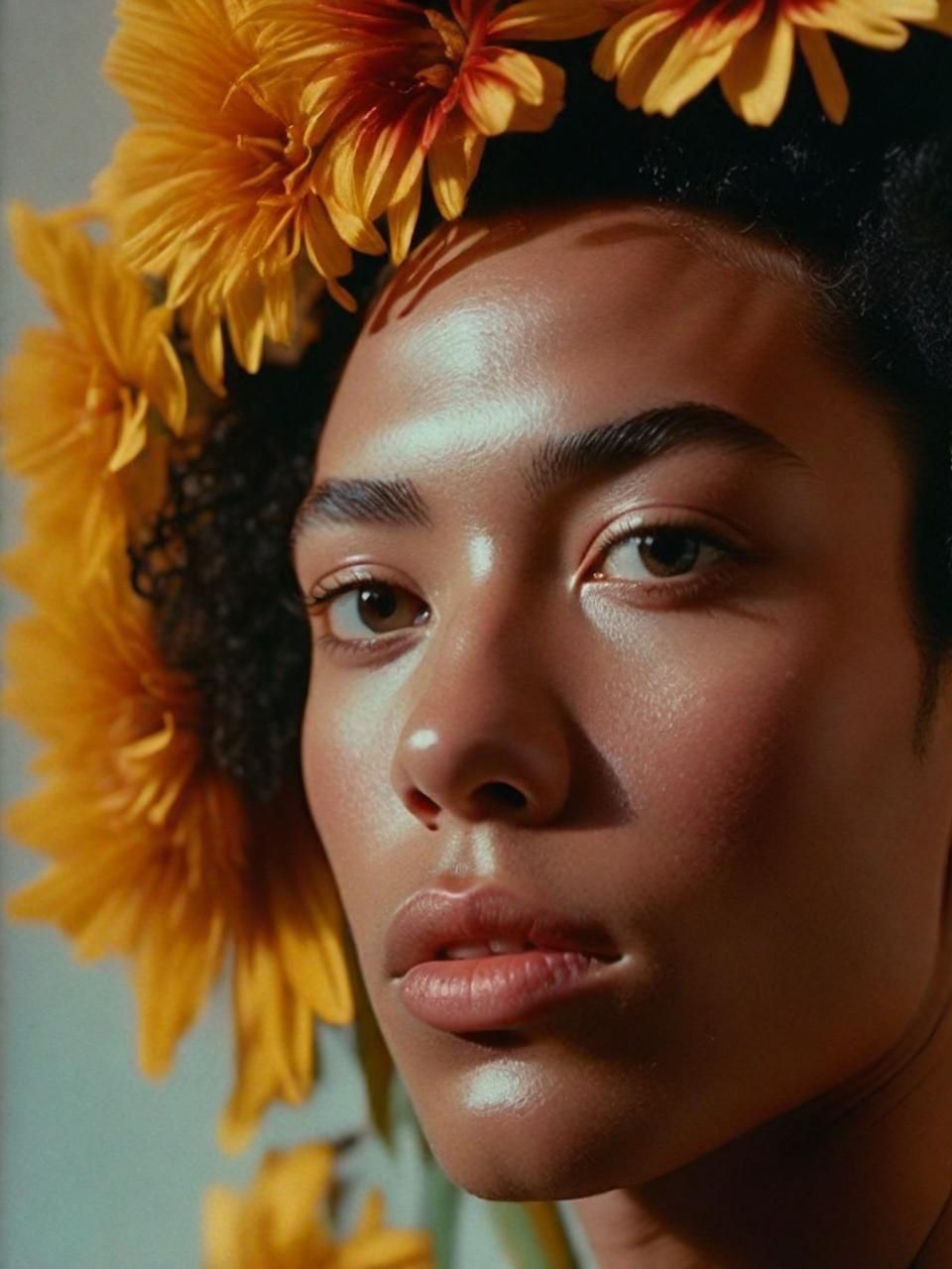 a woman with sunflowers on her head