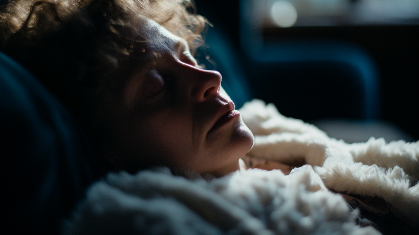 a person laying down on a blanket with their eyes closed