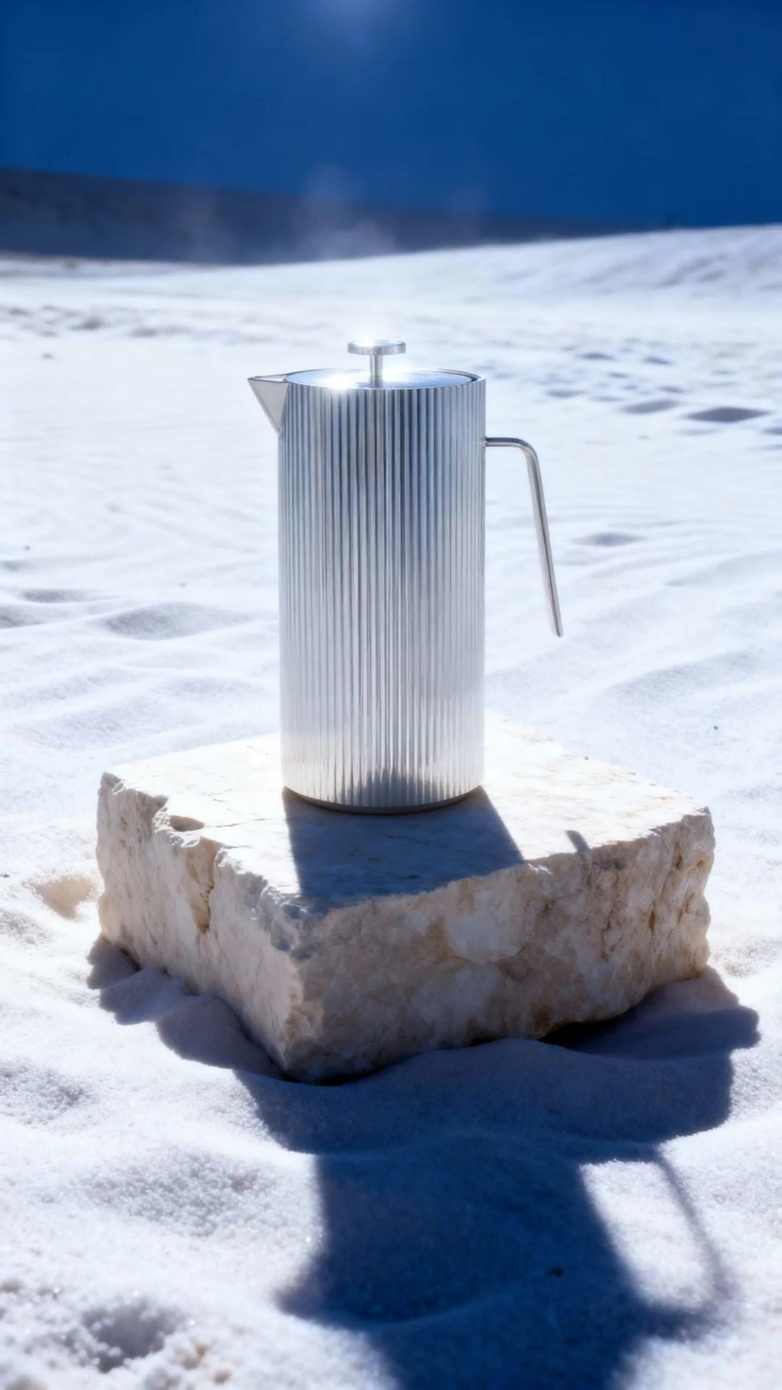 a tea pot sitting on top of a rock in the snow