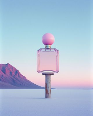 a pink perfume bottle sitting on top of a pole