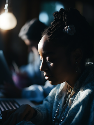 a woman sitting in front of a laptop computer