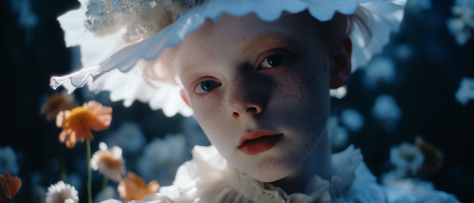 a close up of a person with flowers in the background