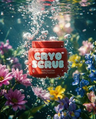 a jar of crayo scrub floating in the water surrounded by flowers
