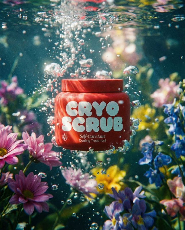 a jar of crayo scrub floating in the water surrounded by flowers