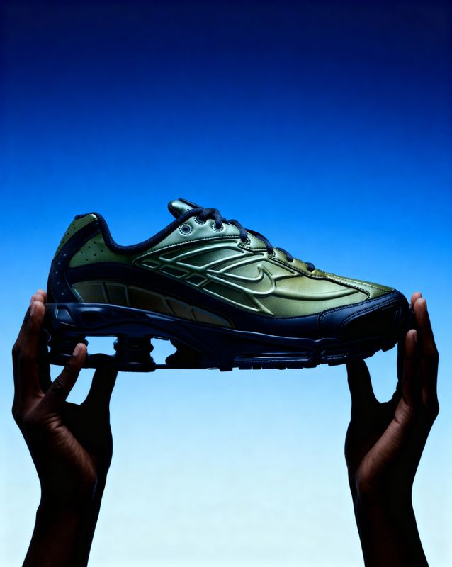 a pair of hands holding a shoe in the air