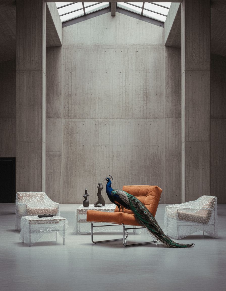 a peacock sitting on top of a chair in a room