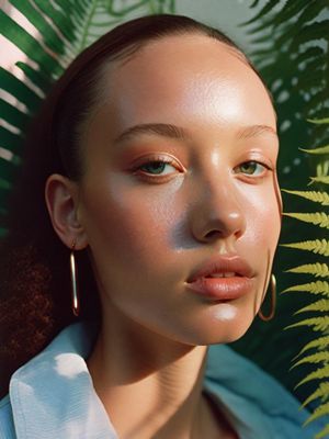 a woman with large hoop earrings standing next to a plant