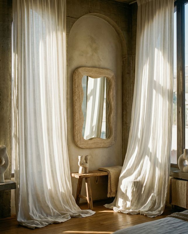 a bedroom with a bed, mirror and curtains
