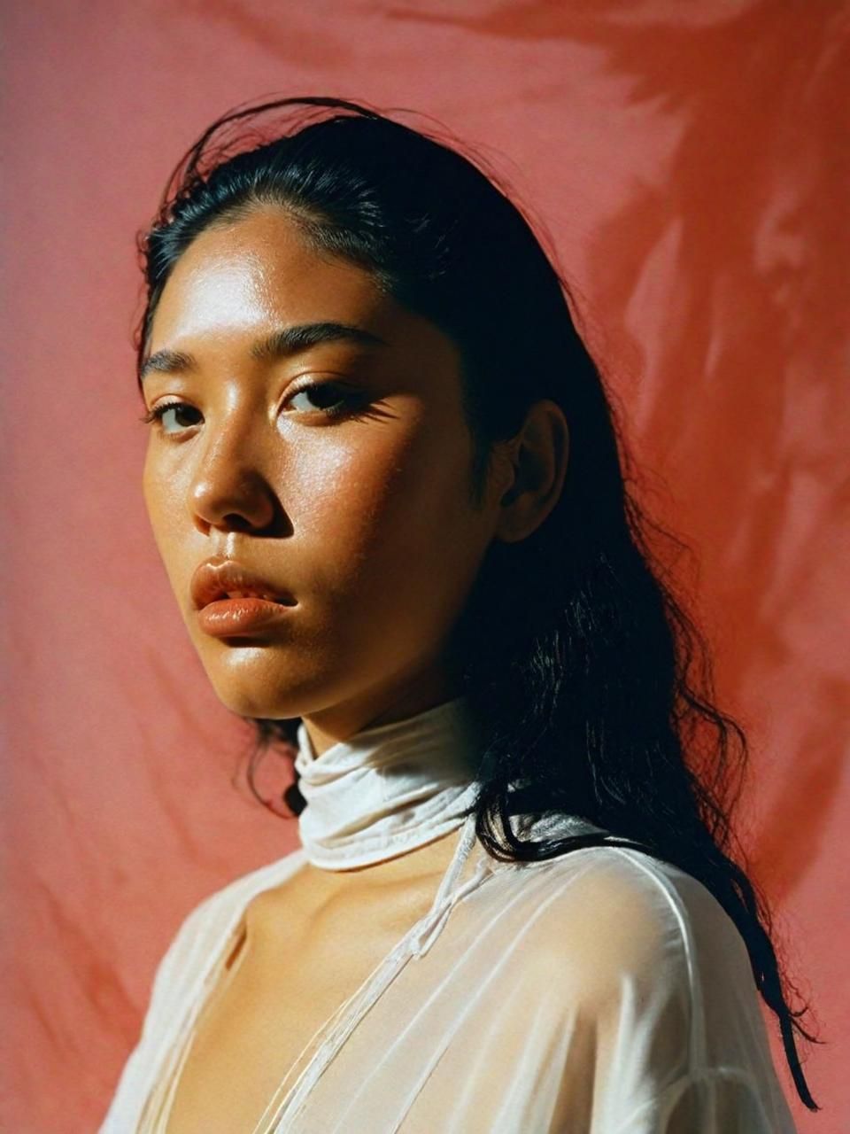 a woman with long black hair wearing a white shirt