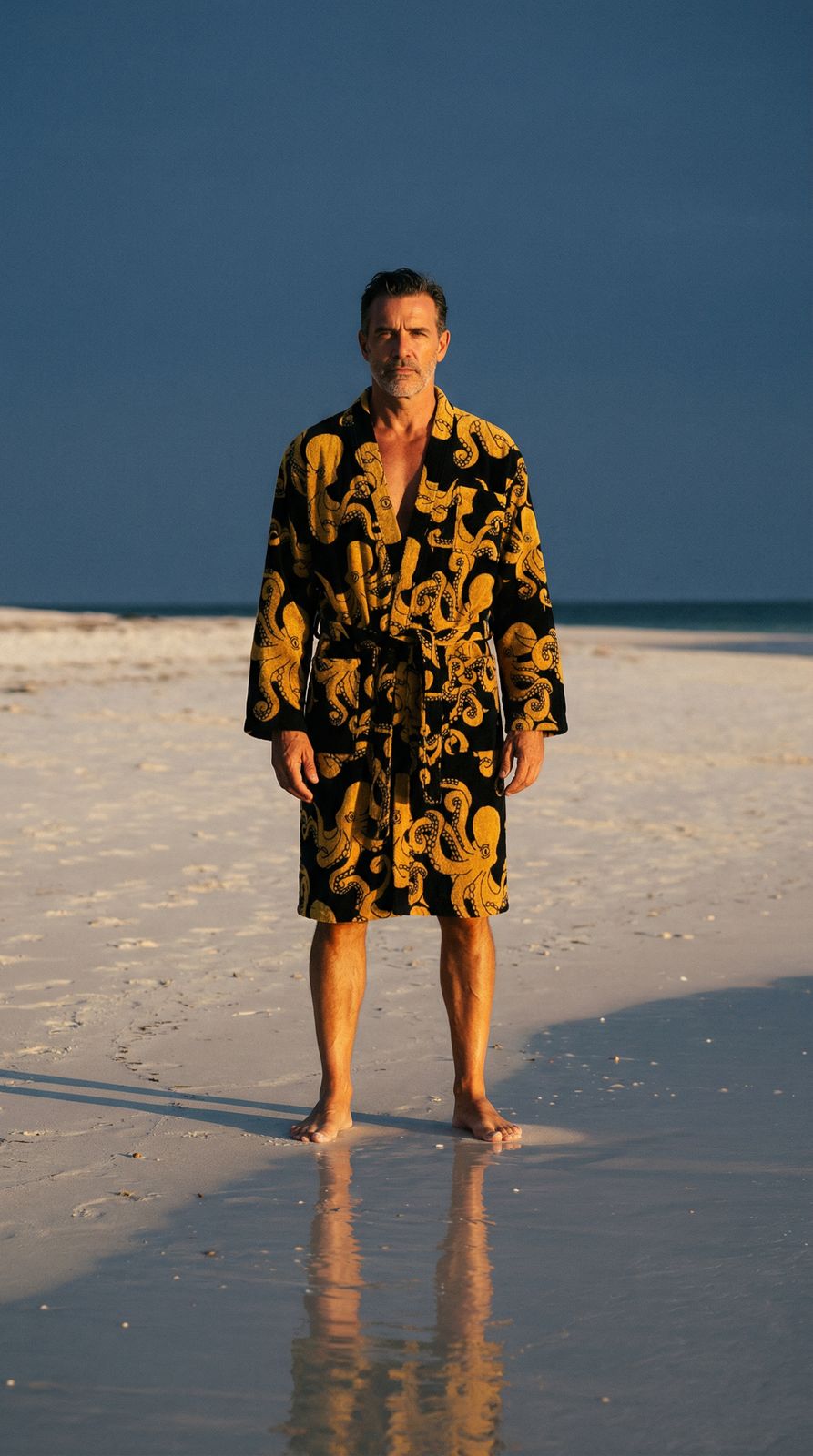 a man standing on a beach wearing a robe